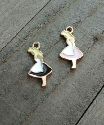 2 Alice in Wonderland Charms Girl Pendants Enamel Gold Fairytale Findings