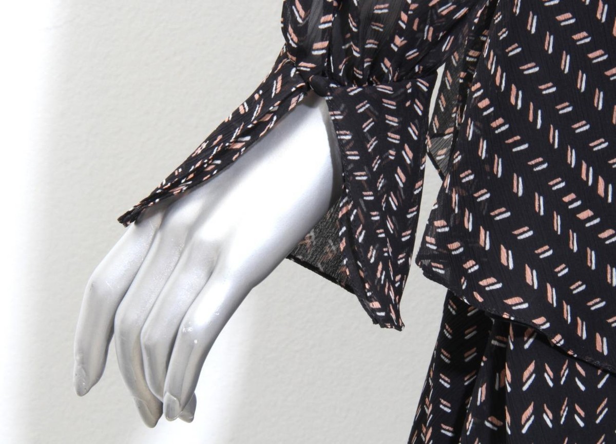 CHLOE★素敵！Grain De Riz Black Print Layered Tie Neck Dress CHLOE Womens Grain De Riz Black Print Layered Tie Front