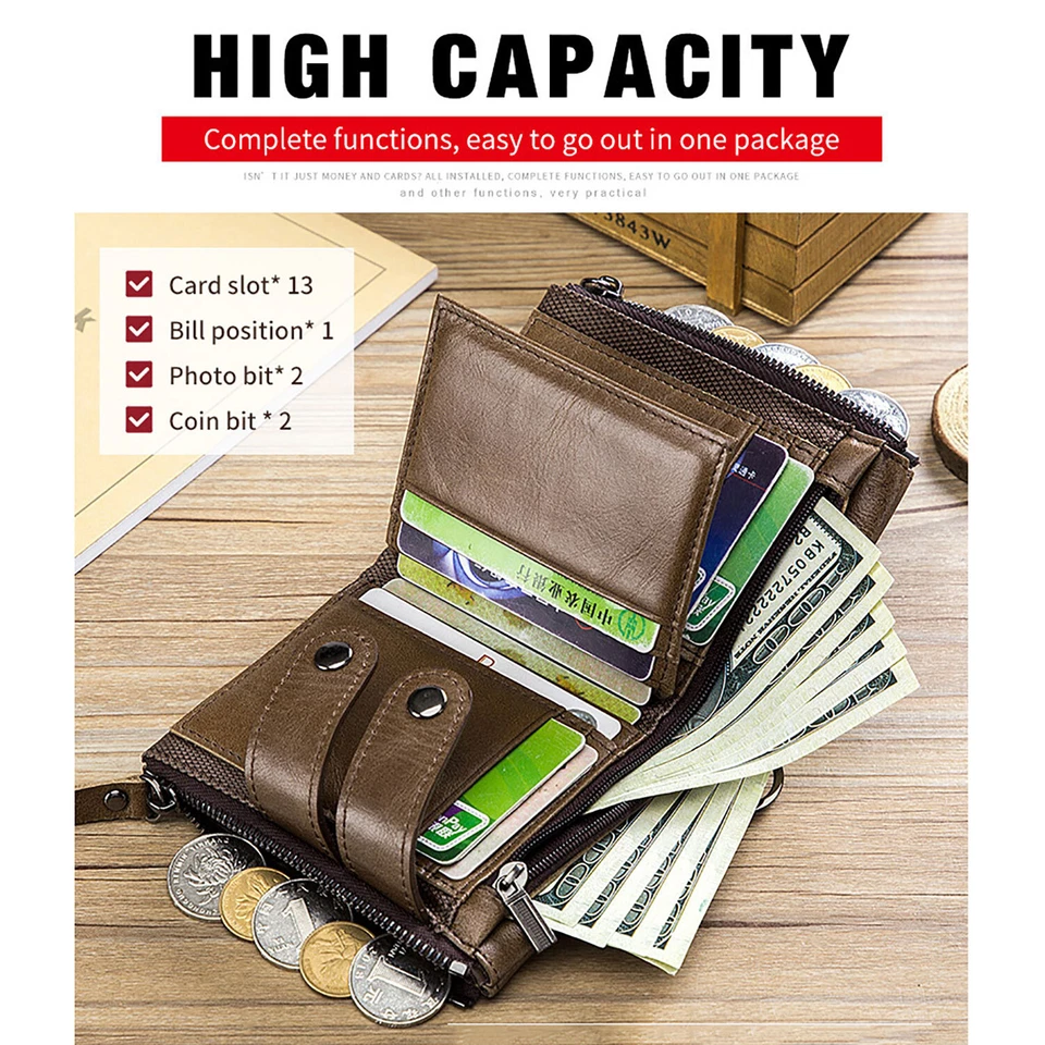 Vintage men's cowhide rfid wallet with lock zipper business casual card case - Image 4 of 4