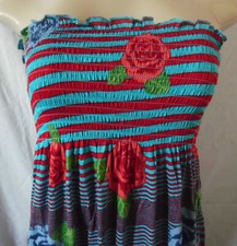 -BLUE STRIPE FLORAL LONG MAXI DRESS STRAPLESS ELASTIC TOP SMALL