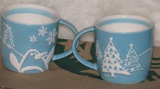 Two Starbucks 2007 Penguin Snowflake Snowman Tree Blue Collector 8oz Coffee Mugs