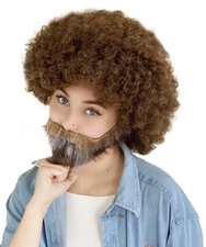 80's Bob Ross Inspired Painter Afro Wig With Brown and Patches Beard Set