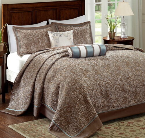 COUVRE-LIT MARRON ARGENT GRIS XXL 5 pièces King Cal : 120 x 118 COURTEPOINTE JACQUARD - Photo 1/6