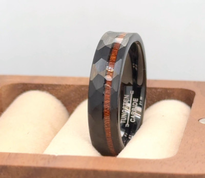 Black Tungsten Hammered Ring Hawaiian Koa Wood Inlay 6mm  Gift For Boyfriend