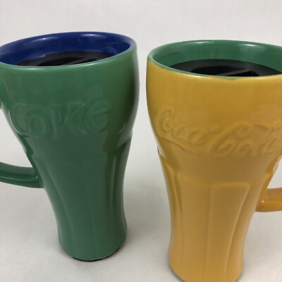 (2) Coca Cola Coke Ceramic Travel Mug Green Yellow Cup 10 oz. Each Vintage 1999