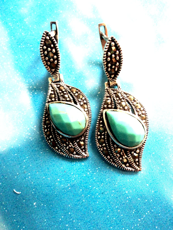 PARURE ORECCHINI +PENDENTE ARGENTO 925 MARCASSITE E TURCHESE STRIATO - Immagine 2 di 4