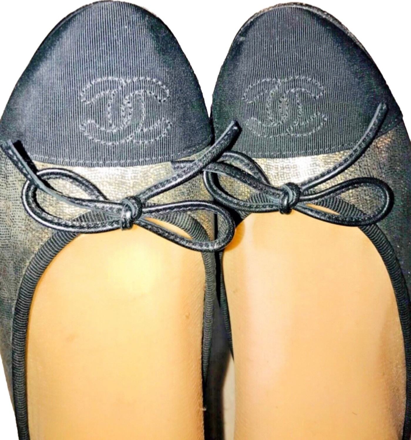 Chanel Metallic Gold and Black Canvas CC Bow Cap Toe Ballet Flats Size 37 image 6