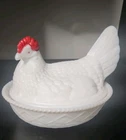 Westmoreland White Milk Glass Hen On Nest Covered Dish With Red  VINTAGE