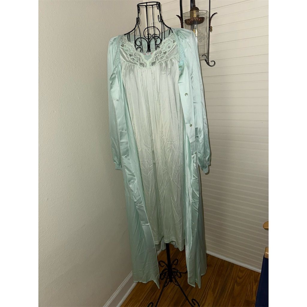 Vtg Shadowline Women's Kimono Robe and Nightgown Set Small Aqua Blue Lace Trim