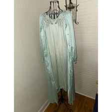 Vtg Shadowline Women's Kimono Robe and Nightgown Set Small Aqua Blue Lace Trim