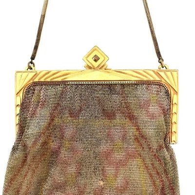 Antik Art Deco Handtasche Goldrahmen bemalt Netz Kettenhemd Fransen Klappe - Bild 1 von 4