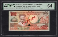 Suriname 500 Gulden 9-1-1988 P135bs  Specimen N.004  UNC Graded 64 Top Pop