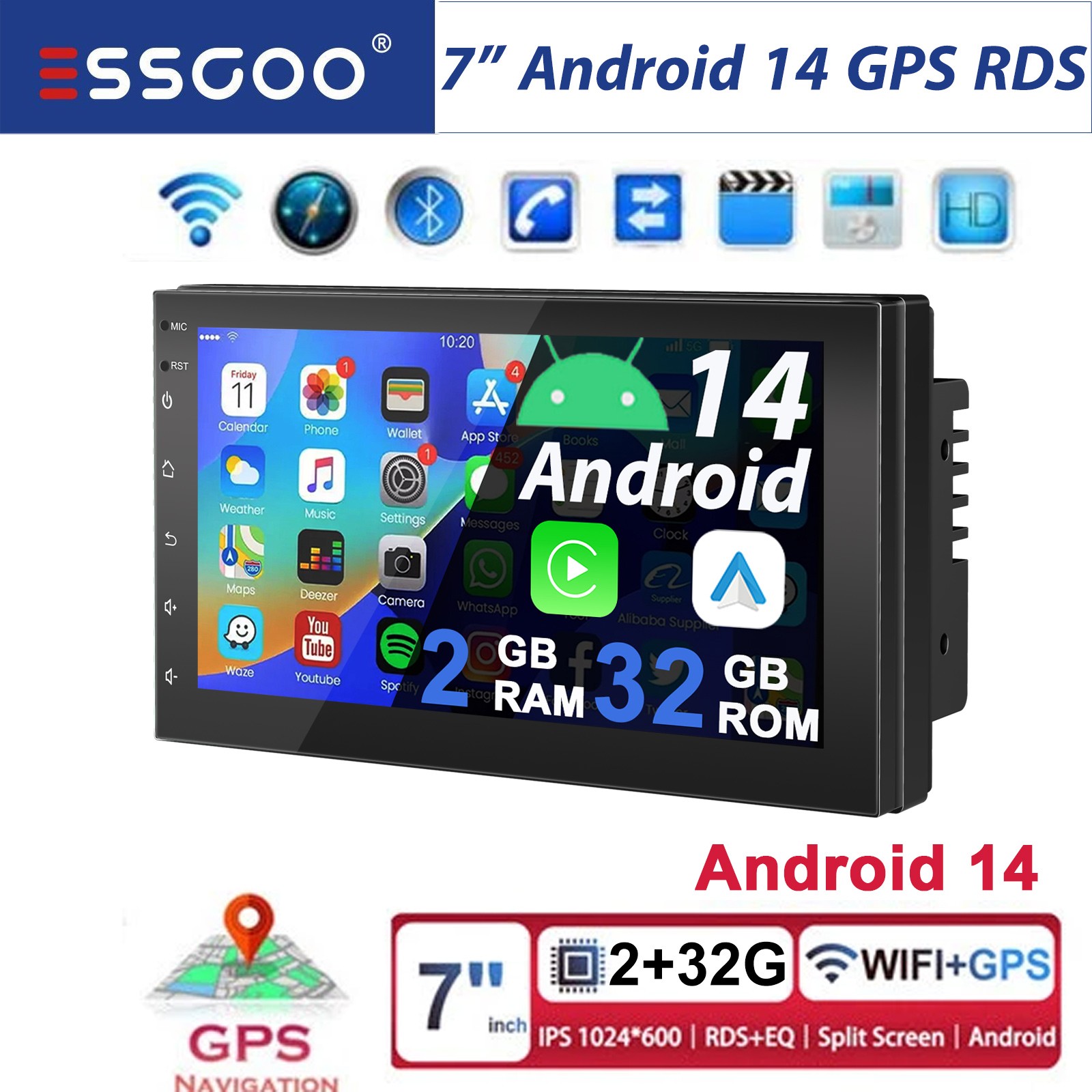 Android 14 Doppel 2 DIN 7 232G Autoradio Carplay GPS Navi WIFI RDS BT SWC FM