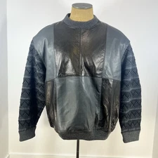 VTG Tosani Leather Coogi Style 3D Knit Grandpa Sweater 80s/90s Black/Grey Sz XL