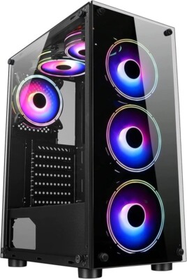 Cit Mirage F6 Gaming Mid ATX PC Gehäuse 6 x 120 mm LED Lüfter Hartglas Platten