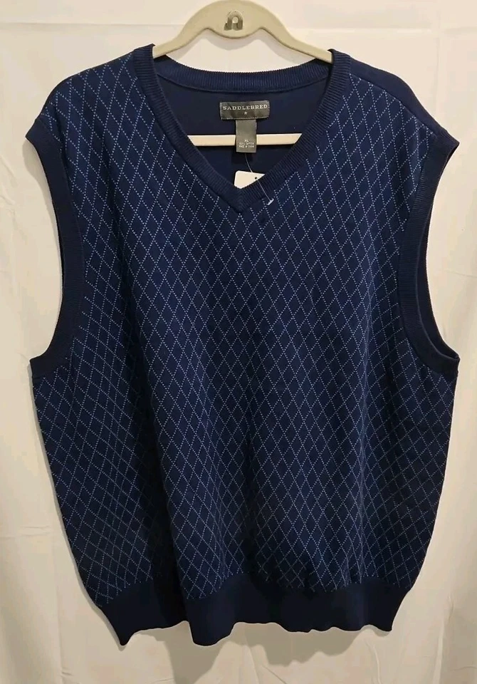 Saddlebred Sweater Vest XLarge Blue Argyle Diamond 100% Cotton  - Image 3 of 4