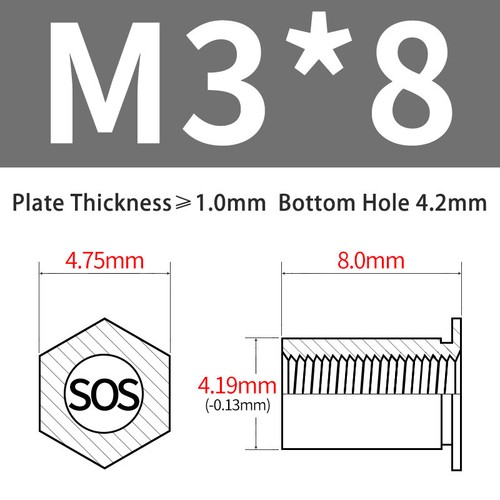 Edelstahl Nietmutter Säulenmuttern Sechskant Durchgangsloch SOS-M2/M2.5/M3/3.5M3 - Picture 33 of 56