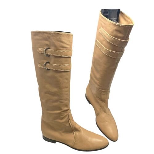 Sergio Rossi Leather Buckle Accent Pull On Tall Boots Womens Size 38 EU / 8 US