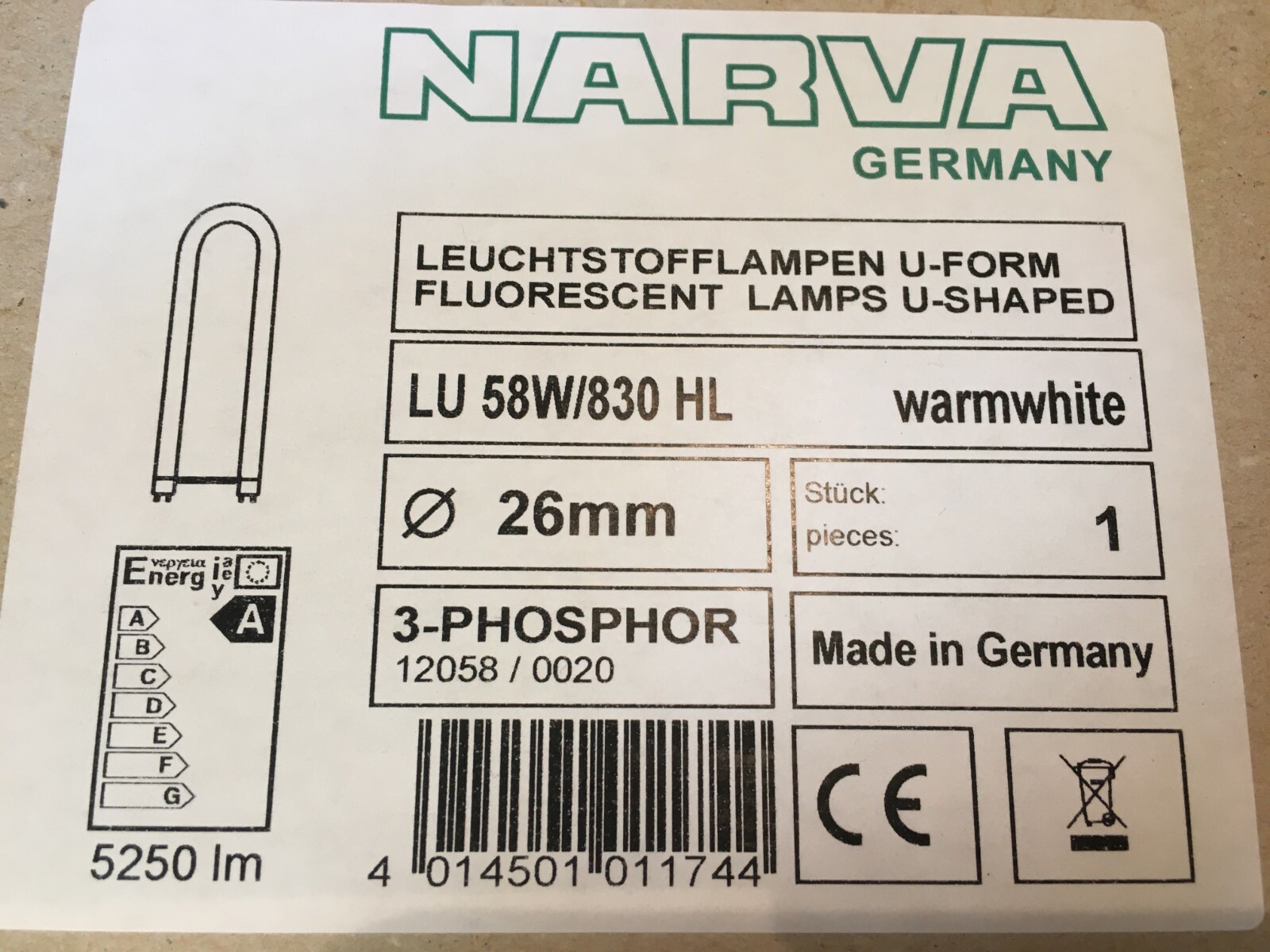 OSRAM/RADIUM/NARVA Lumilux Warm White U- Fluorescent Lamp 58W/830 U Germany