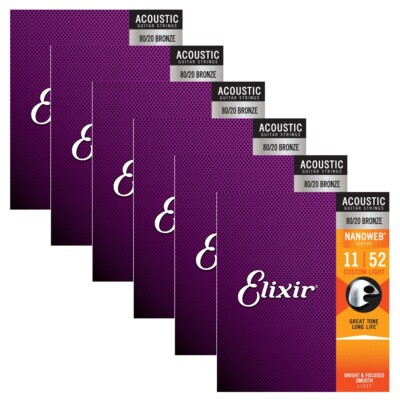 Elixir Nanoweb 80/20 Bronze Custom Light Acoustic Guitar Strings 11-52 (6-Pack)