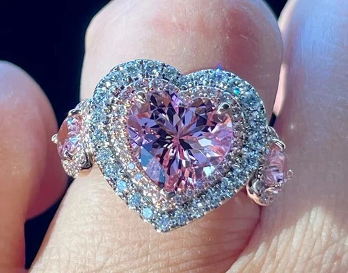 3Ct Heart Cut Lab-Created Morganite Halo Engagement Ring 14K White Gold Plated