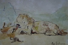 Rare unique French Realism painting, Lion, signed Delacroix