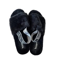 Koolaburra by UGG Imree Slide Slippers Black Faux Fur Elastic Backstrap Womens