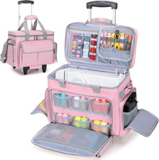 Pink Rolling Sewing Machine Case with Wheels  Pockets, Fits Most Machines
