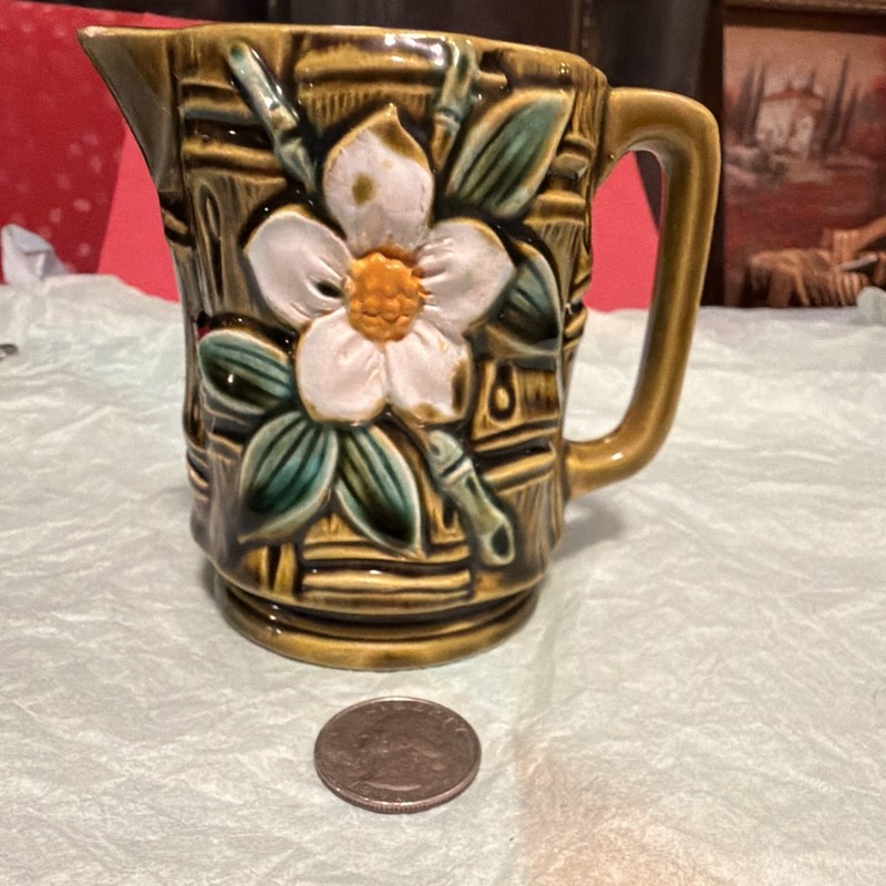 Vintage Ceramic Floral Pitcher Glazed Brown Green White Yellow Round