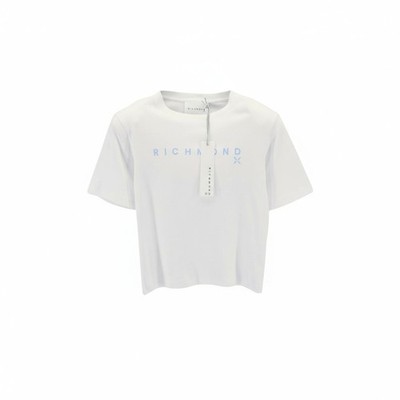 John Richmond Damen T-Shirt S Weiß Schulterpolster Crew Logo Kurzärmelig