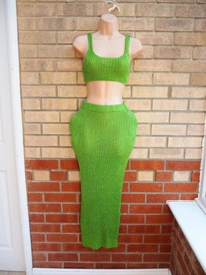Sorelle uk metallic green knit crochet party crop top bodycon midi dress 6 XS