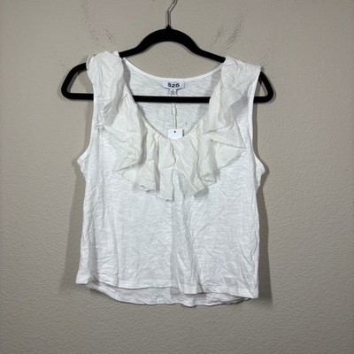 525 America Size Medium Ruffled Cami Blouse Bleach White Cotton Sleeveless
