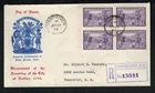 Canada #283, 1949 4¢ Halifax block on Unknown Coat of Arms cachet registered FDC