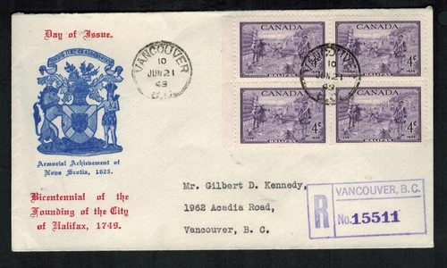 Canada #283, 1949 4¢ Halifax block on Unknown Coat of Arms cachet registered FDC