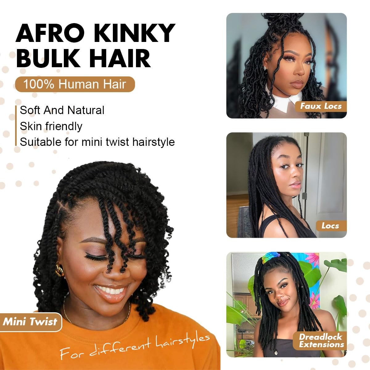 Afro Kinkys Bulk Human Hair, 12 inch 4c Kinky Curly Human Hair for Twist/Perm...