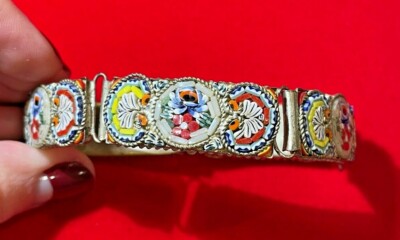 Vintage Venetian Millefiori Micro Mosaic Rose Flower link Silver Bracelet Italy Vintage Venetian Millefiori Micro Mosaic Rose Flower link Silver Bracelet Italy