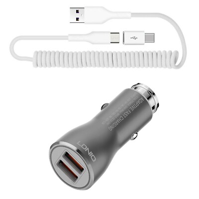 Car Charger 36W Fast 2-Port USB Coiled Cable Type-C Quick Charge DC for Tablets