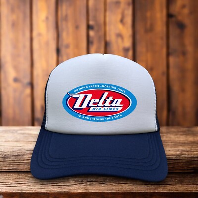 Delta Airlines Vintage Logo Unisex Trucker Hat Navy Snapback 70s Airline Cap