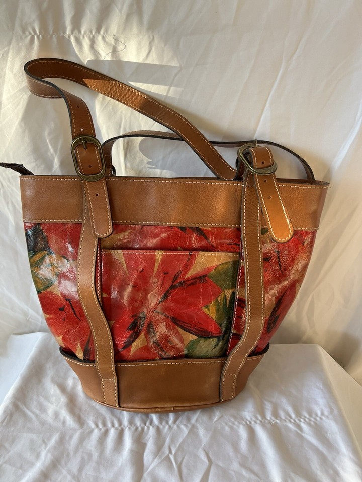 PATRICIA NASHENNA Tropical Floral & Saddle Leather Bucket Shoulder Bag