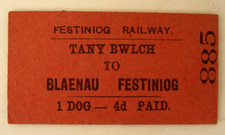 Festiniog Railway Ticket 1 Dog Paid Tany Bwlch To Blaenau Festiniog 885