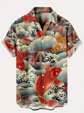 Men's Ukiyo-E Fish Hawaiian Button Up Shirt Short Sleeve Breathable Soft Fashion