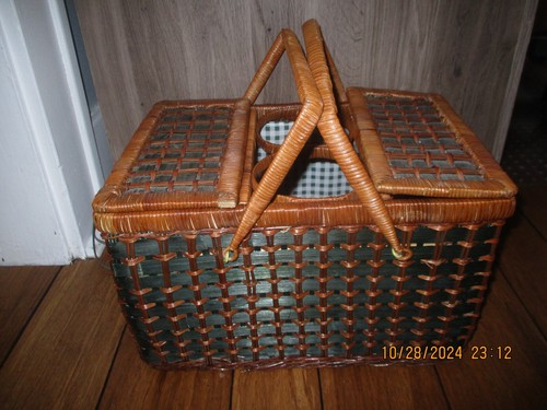 Cestino da picnic vintage in tessuto di rattan portabottiglie - Foto 2 di 4
