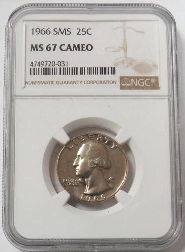 1966 SMS WASHINGTON QUARTER 25C NGC MS 67 CAMEO