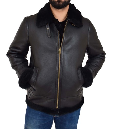 Mens Genuine Black Sheepskin Jacket Flying Aviator B3 Bomber Shearling Coat NEW - Picture 4 of 12