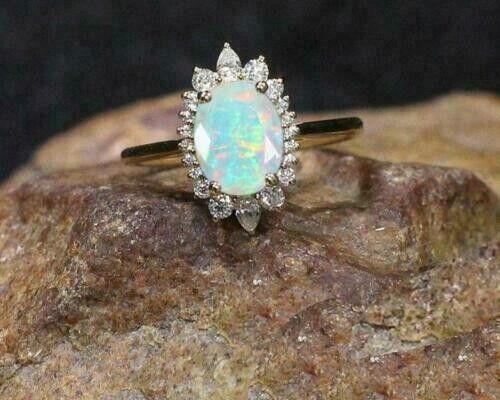 Bague De Fiançailles Opale De Feu Naturelle 4 Carats - Ovale, Plaqué Or 14k, Vintage, Ajustable