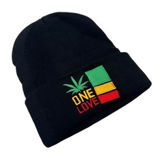 NEW Rasta One Love Knit Beanie Hat Black Reggae Rastafarian Jamaica Embroidered