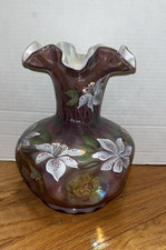 Fenton Plum Overlay Iridized Pinched Lily Vase Hand Painted 12 Signatures 8.5"
