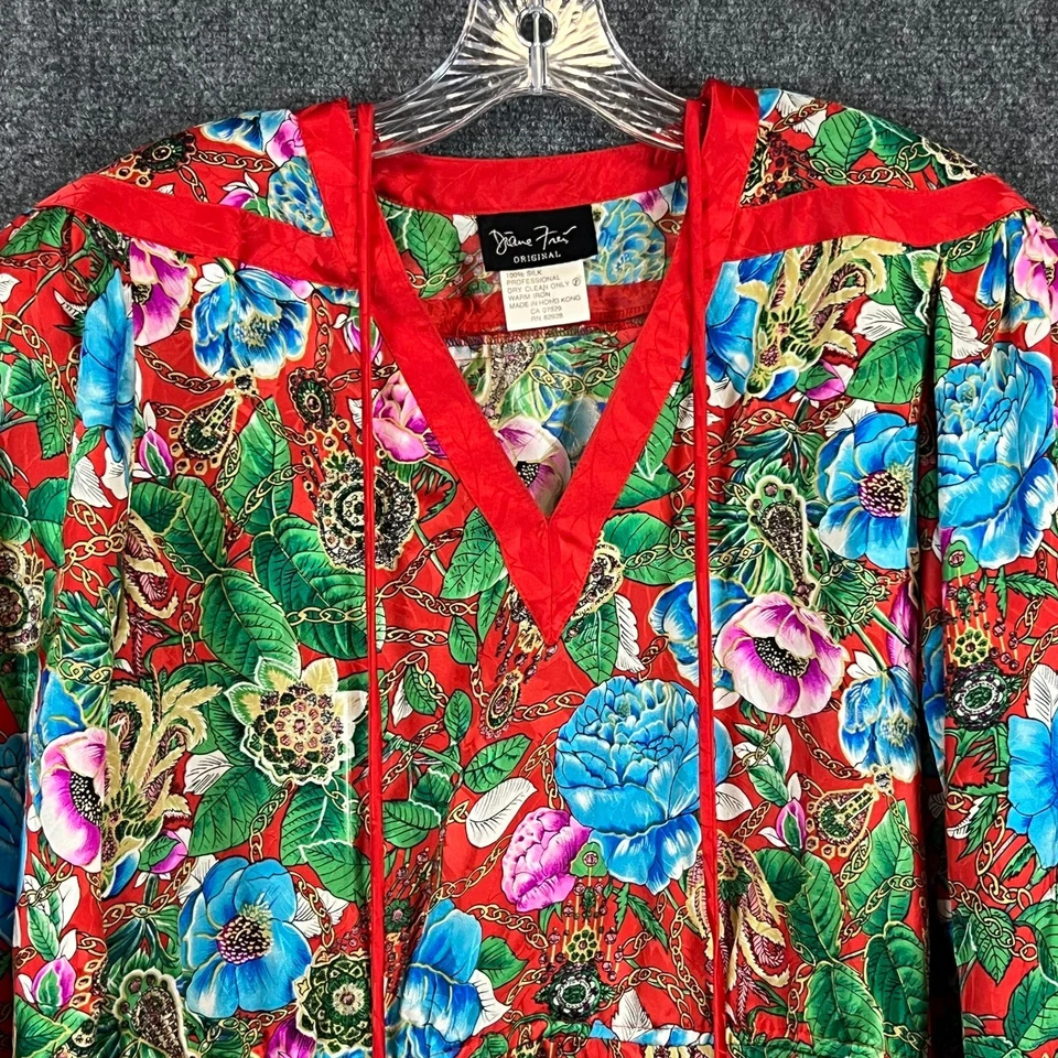 Blusa Diane Freis Original 100% Seda Cuello en V Roja Floral Colorida Talla LS Flex Foto 4 de 4