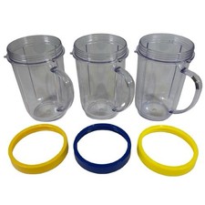 Magic Bullet Blender 3 Mugs Cups w/ Handles  Lip Rings Replacement Parts Lot