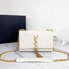 YSLBeaute Women's Cream White Crocodile-Embossed Flap Purse with Gold Tassel